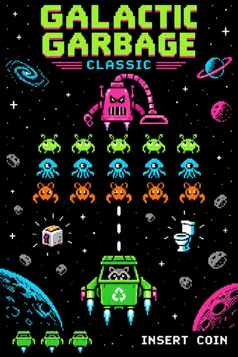 Galactic Garbage Classic cover in pixel art: a raccoon in a green rocket dumpster fires up at rows of little aliens, under a pink vacuum robot. INSERT COIN in the corner.