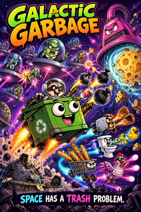 Galactic Garbage poster: a raccoon flies a grinning rocket dumpster through space, chased by alien bureaucrats in flying saucers and a giant angry vacuum.