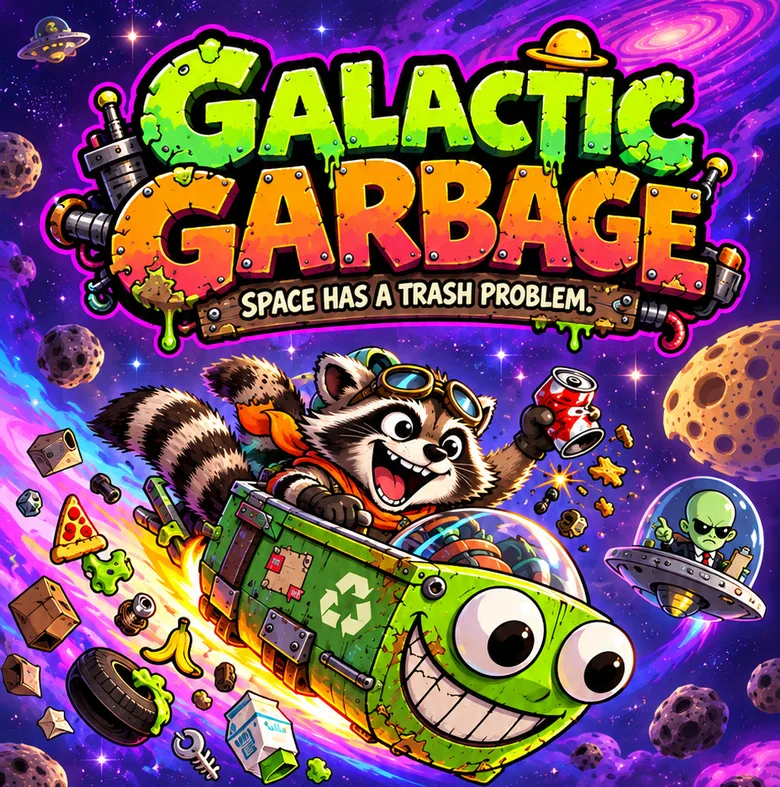 Galactic Garbage. Space has a trash problem. Captain Trash, a raccoon, rides a grinning rocket dumpster.